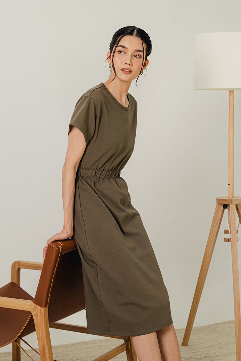 LEILANI ELASTIC BACK MIDI JERSEY DRESS