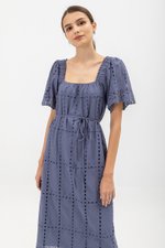 KRYSTAL EYELET FLUTTER SLEEVE MIDI DRESS W SASH