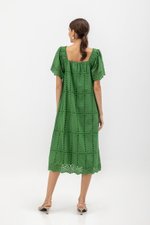 KRYSTAL EYELET FLUTTER SLEEVE MIDI DRESS W SASH