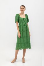KRYSTAL EYELET FLUTTER SLEEVE MIDI DRESS W SASH