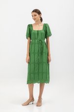 KRYSTAL EYELET FLUTTER SLEEVE MIDI DRESS W SASH