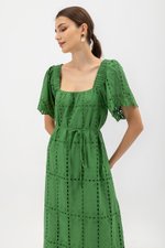 KRYSTAL EYELET FLUTTER SLEEVE MIDI DRESS W SASH