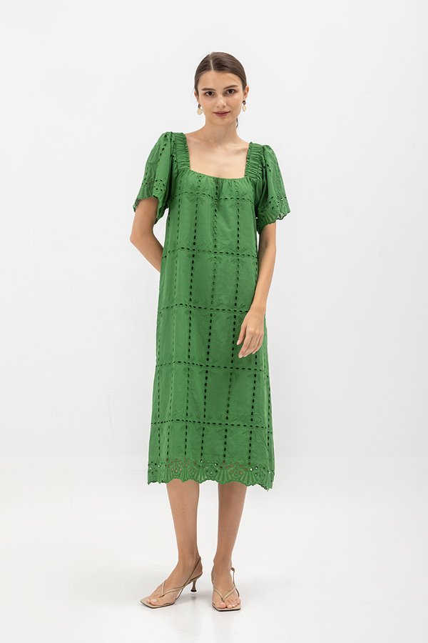 KRYSTAL EYELET FLUTTER SLEEVE MIDI DRESS W SASH