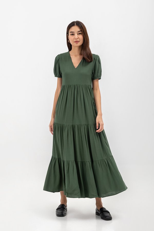 FERNANDA PUFF SLEEVE V NECK TIERED MAXI LINEN DRESS