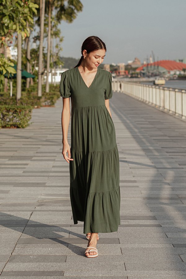 FERNANDA PUFF SLEEVE V NECK TIERED MAXI LINEN DRESS