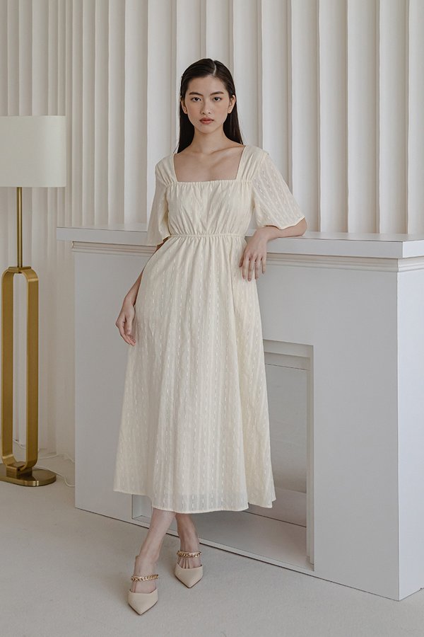 LILY FLUTTER SLEEVE ELASTIC WAISTBAND MIDI DRESS