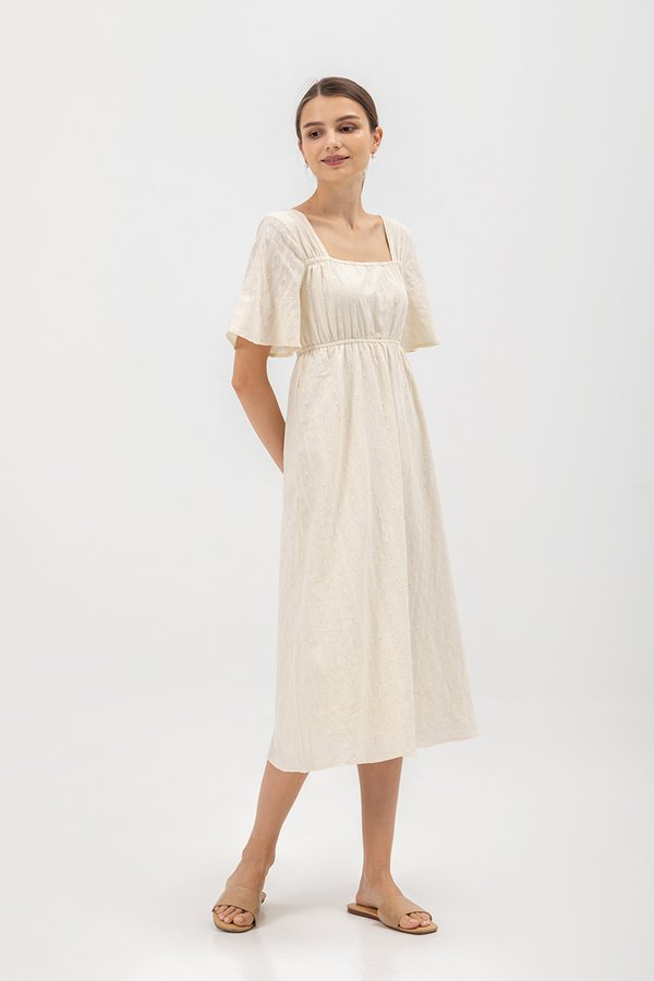 LILY FLUTTER SLEEVE ELASTIC WAISTBAND MIDI DRESS