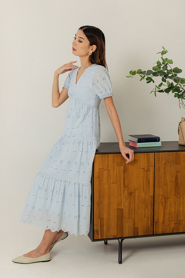 JENSON V NECK TIERED EYELET MAXI DRESS