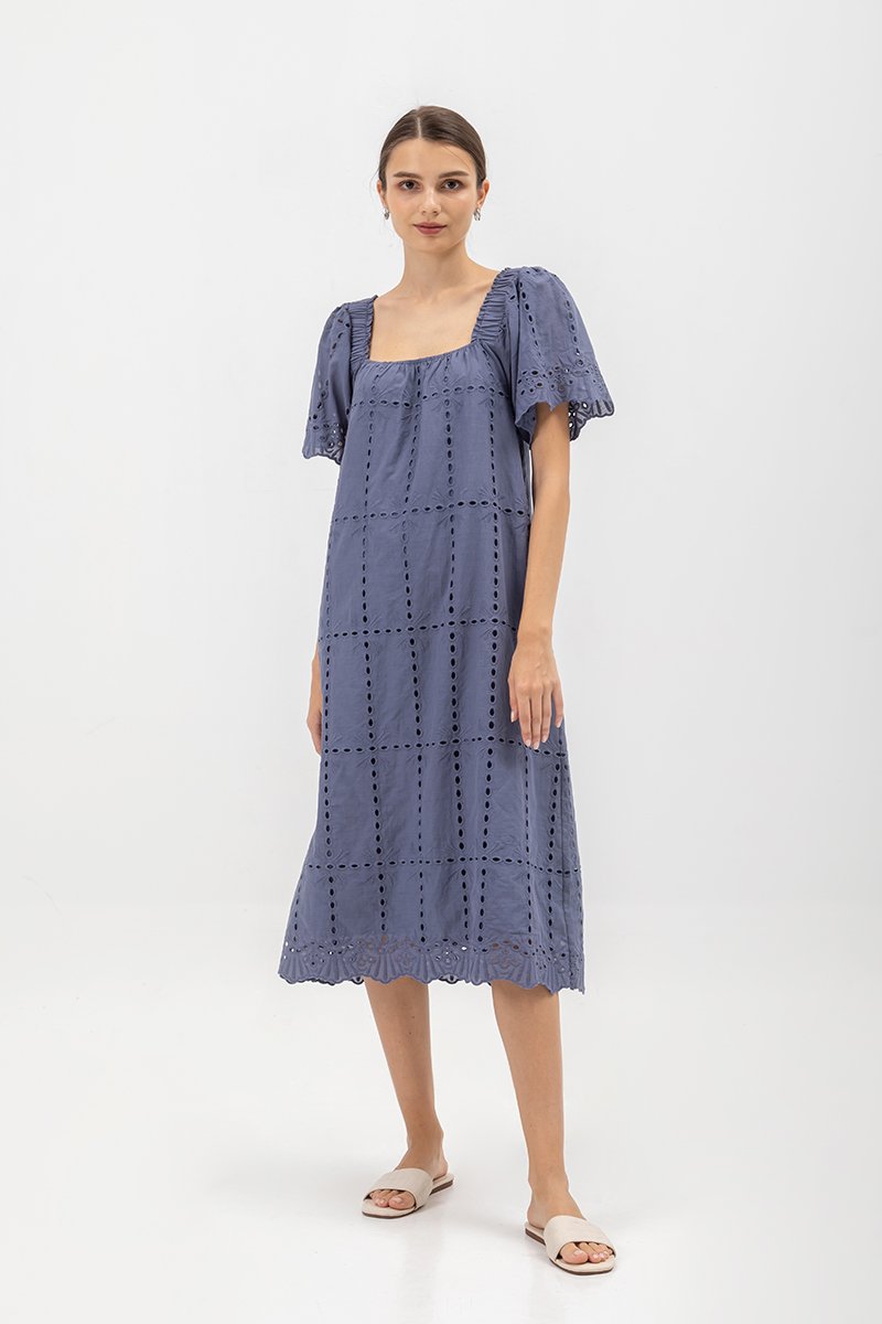 KRYSTAL EYELET FLUTTER SLEEVE MIDI DRESS W SASH