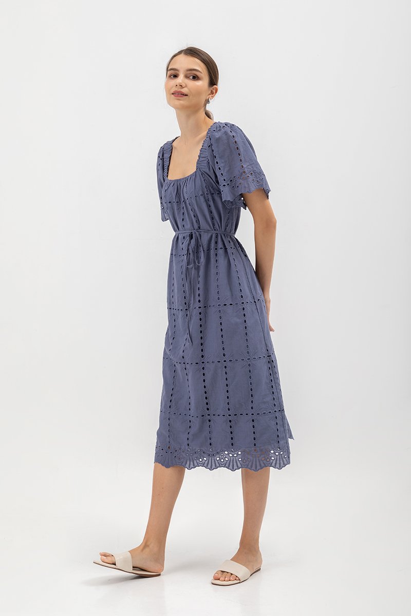KRYSTAL EYELET FLUTTER SLEEVE MIDI DRESS W SASH