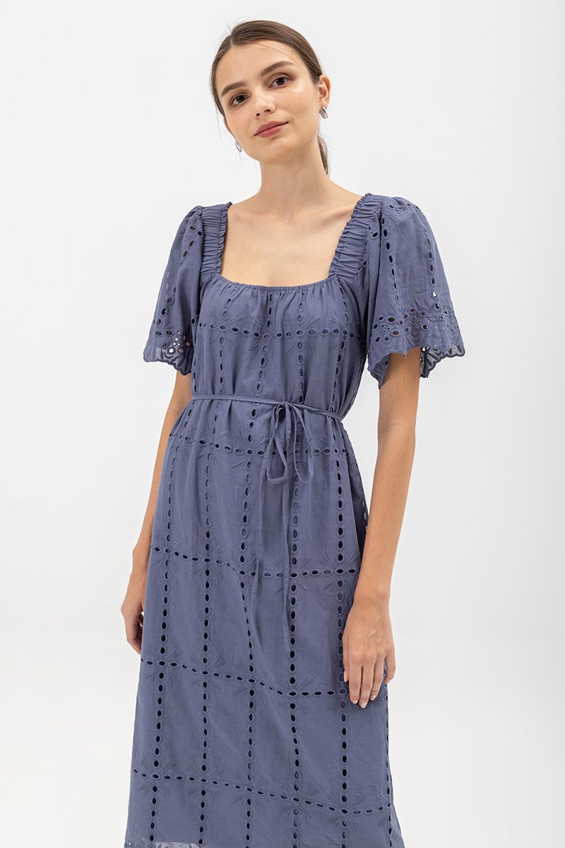 KRYSTAL EYELET FLUTTER SLEEVE MIDI DRESS W SASH