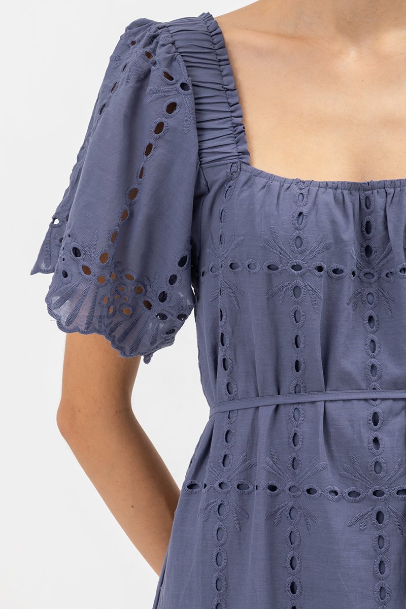 KRYSTAL EYELET FLUTTER SLEEVE MIDI DRESS W SASH