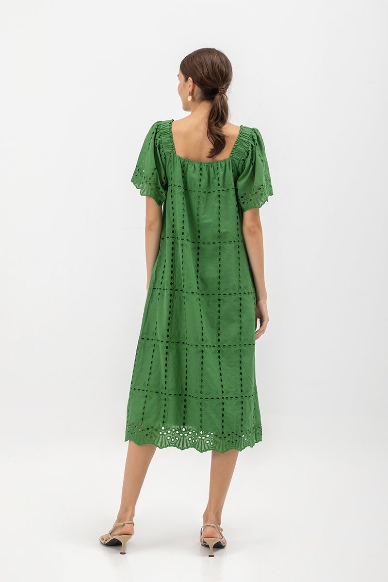 KRYSTAL EYELET FLUTTER SLEEVE MIDI DRESS W SASH