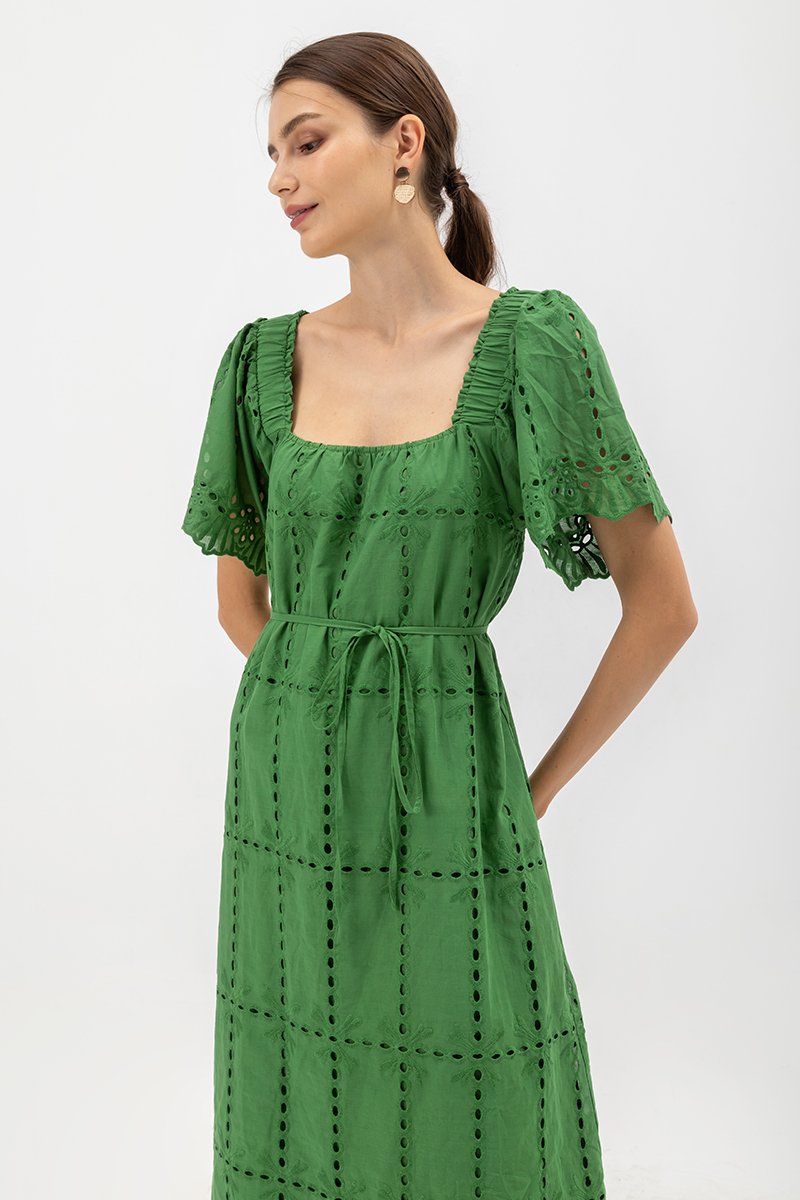 KRYSTAL EYELET FLUTTER SLEEVE MIDI DRESS W SASH
