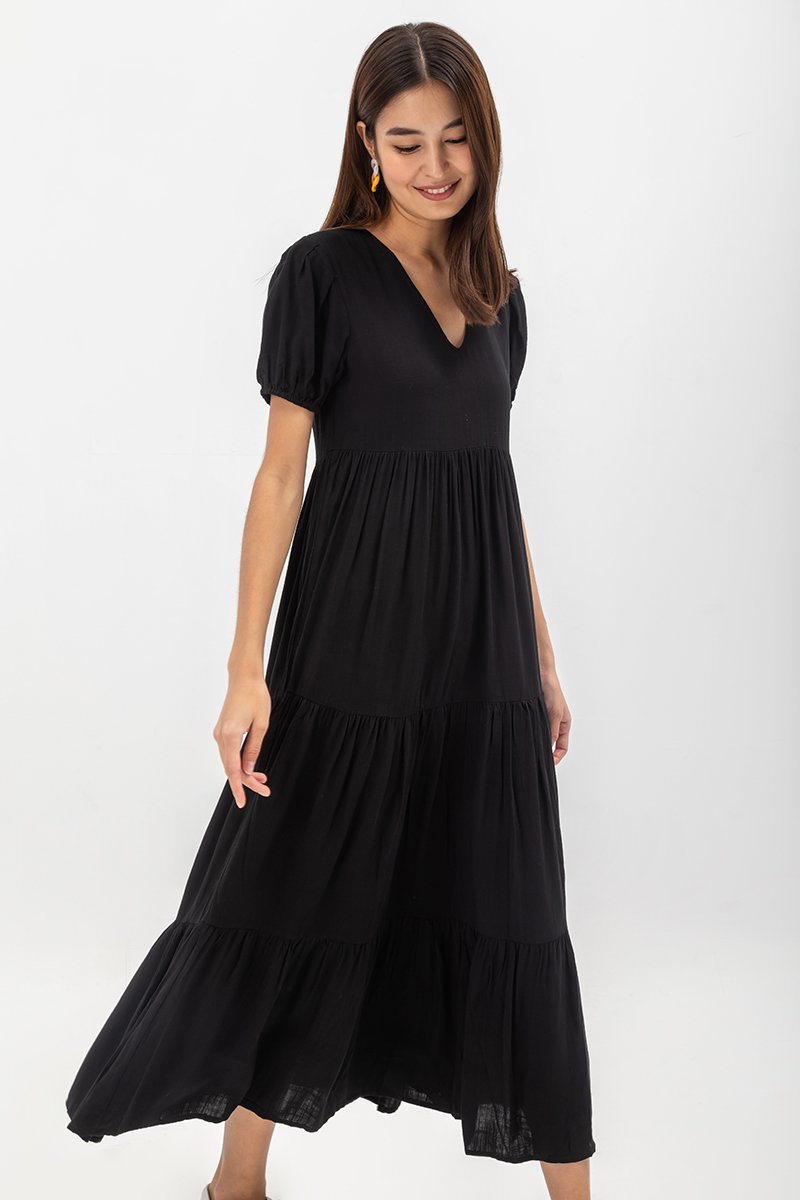 FERNANDA PUFF SLEEVE V NECK TIERED MAXI LINEN DRESS