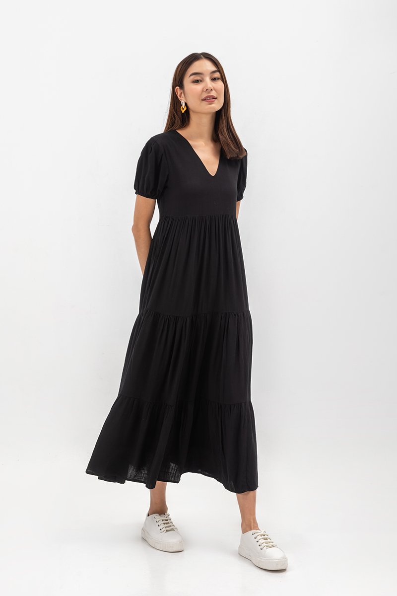 FERNANDA PUFF SLEEVE V NECK TIERED MAXI LINEN DRESS