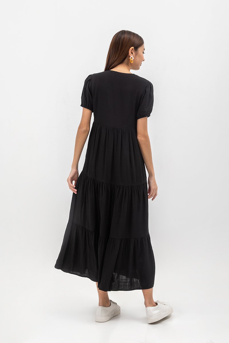 FERNANDA PUFF SLEEVE V NECK TIERED MAXI LINEN DRESS