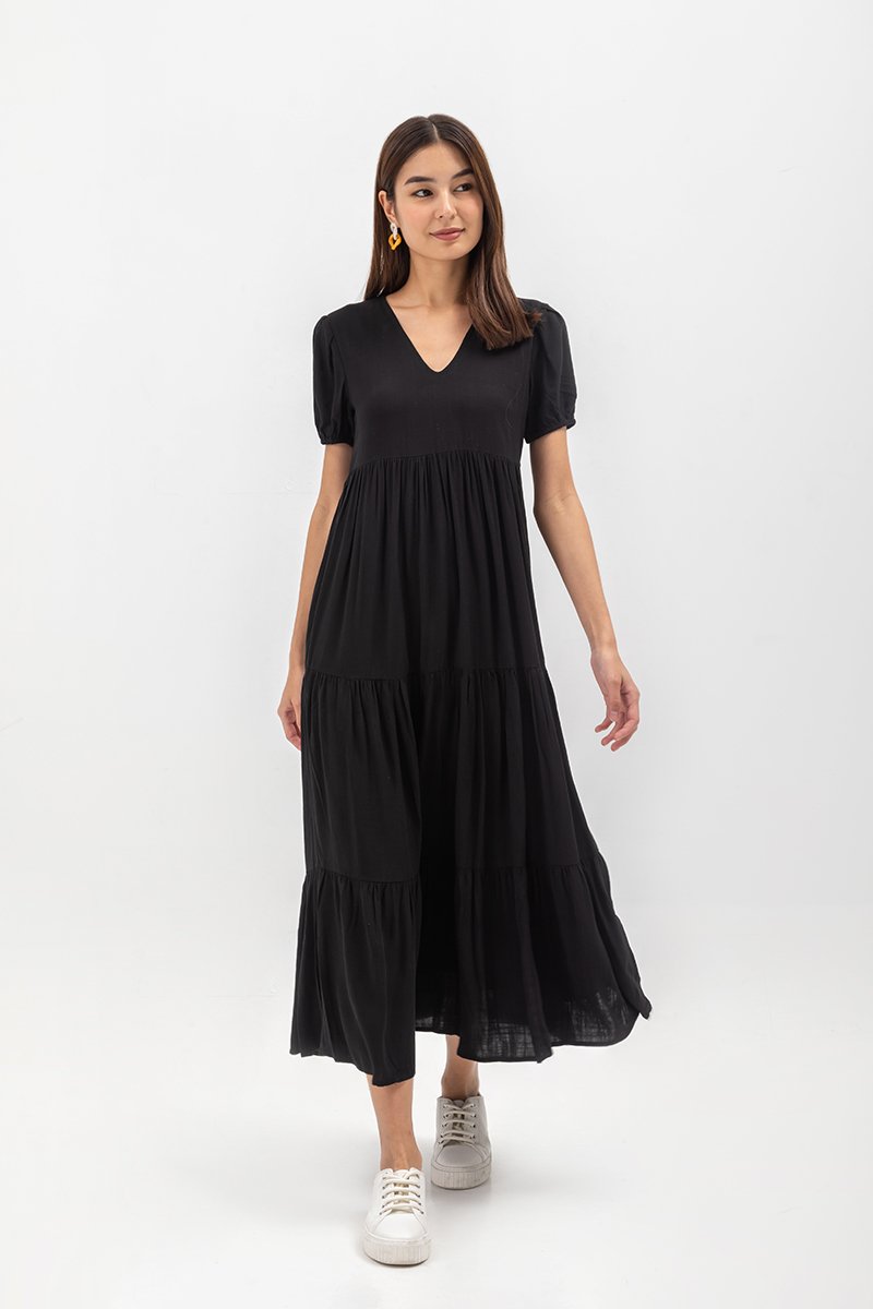 FERNANDA PUFF SLEEVE V NECK TIERED MAXI LINEN DRESS