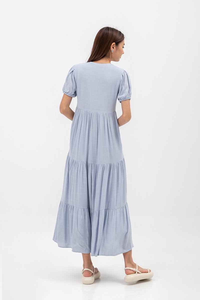 FERNANDA PUFF SLEEVE V NECK TIERED MAXI LINEN DRESS