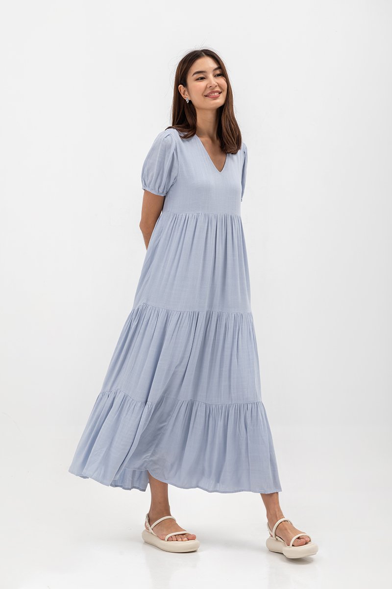 FERNANDA PUFF SLEEVE V NECK TIERED MAXI LINEN DRESS