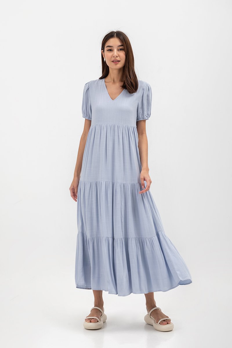 FERNANDA PUFF SLEEVE V NECK TIERED MAXI LINEN DRESS