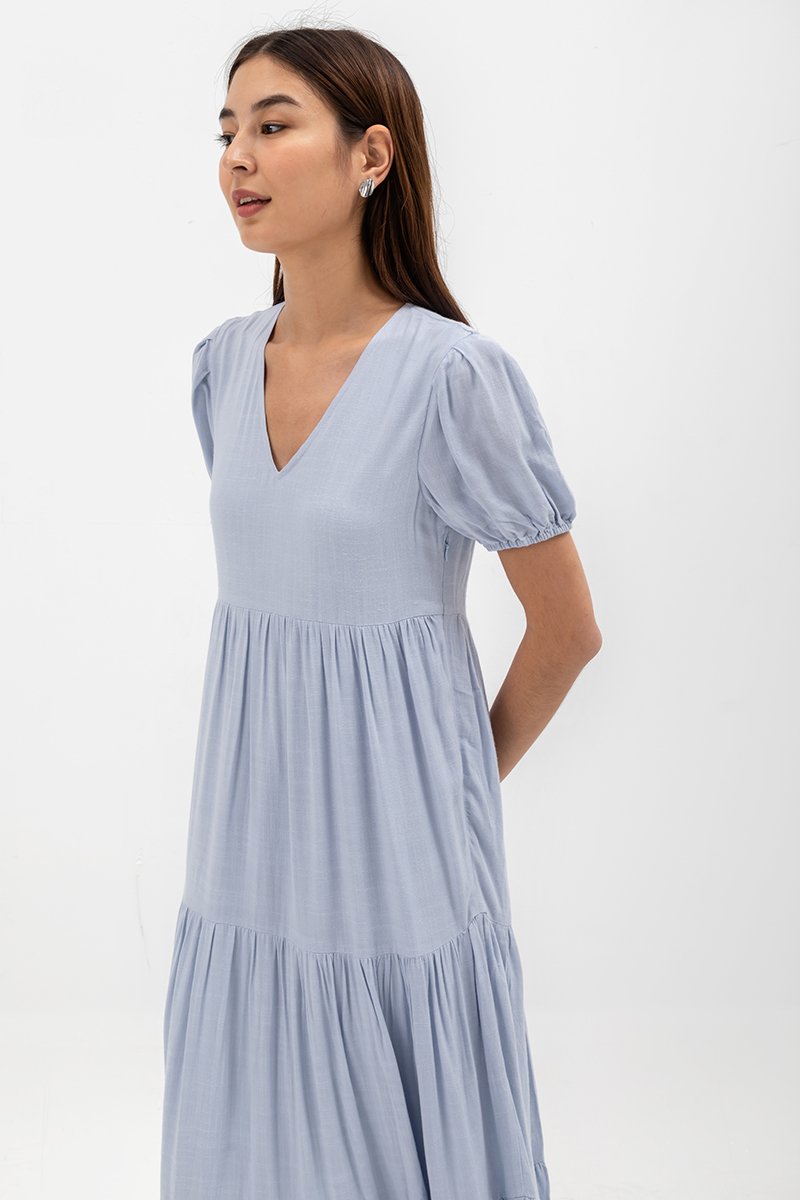 FERNANDA PUFF SLEEVE V NECK TIERED MAXI LINEN DRESS