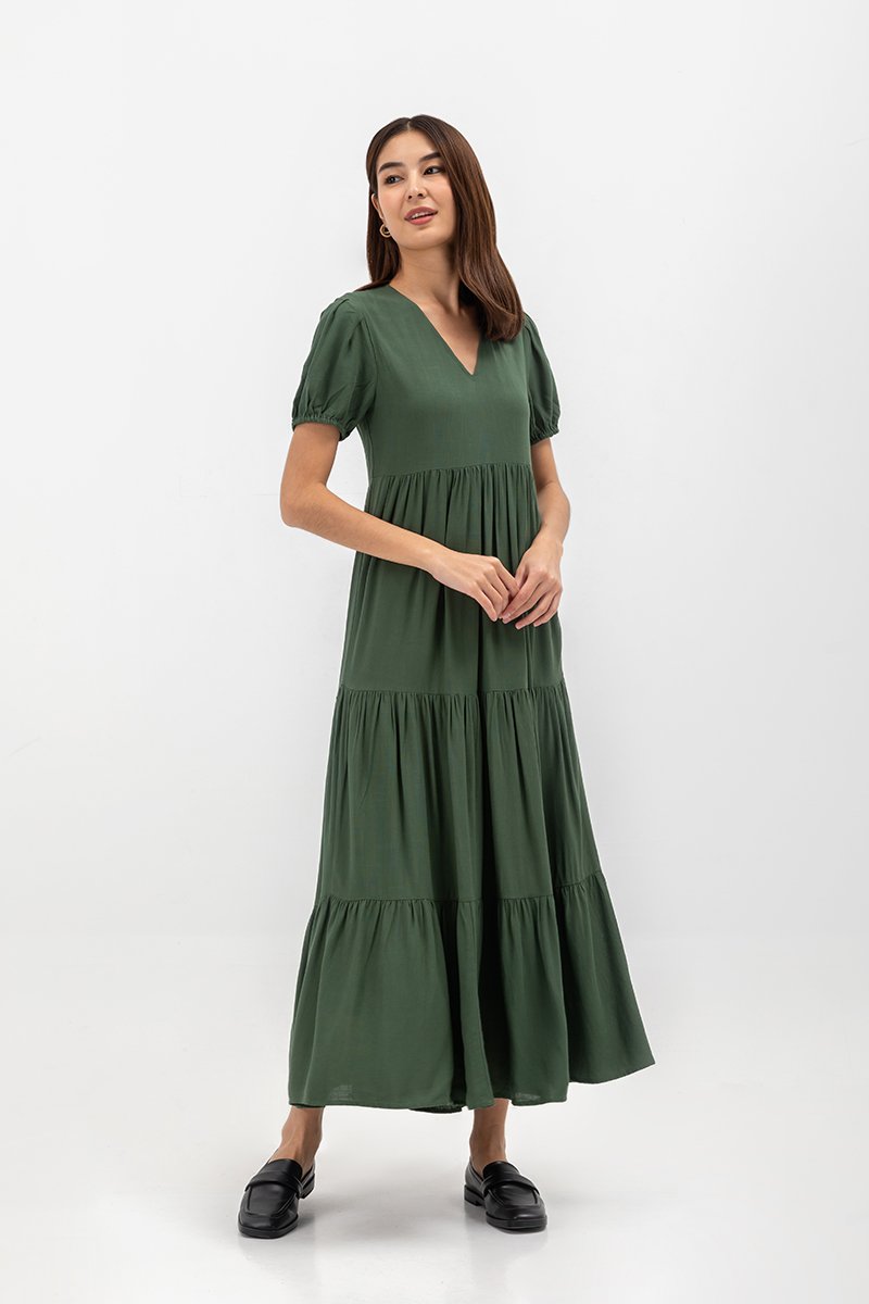 FERNANDA PUFF SLEEVE V NECK TIERED MAXI LINEN DRESS