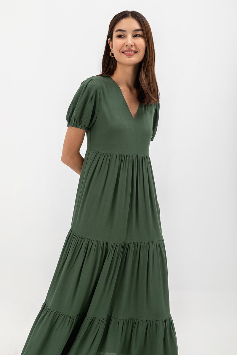 FERNANDA PUFF SLEEVE V NECK TIERED MAXI LINEN DRESS