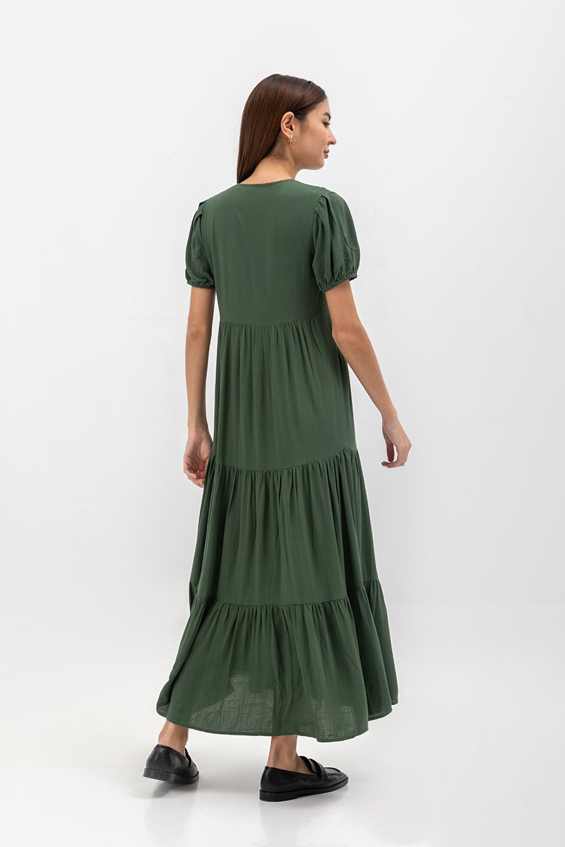FERNANDA PUFF SLEEVE V NECK TIERED MAXI LINEN DRESS