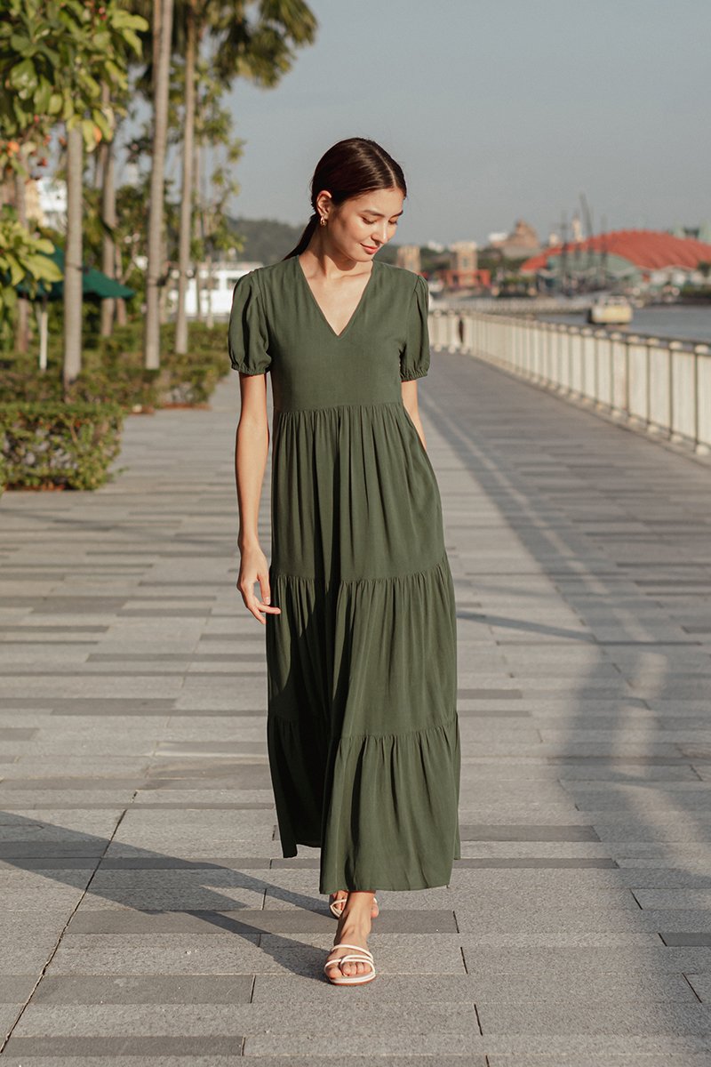 FERNANDA PUFF SLEEVE V NECK TIERED MAXI LINEN DRESS