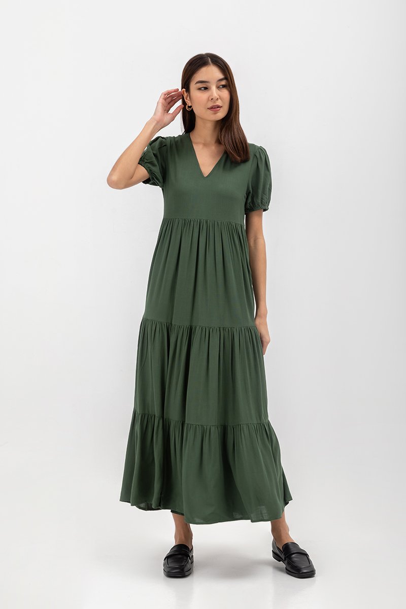 FERNANDA PUFF SLEEVE V NECK TIERED MAXI LINEN DRESS