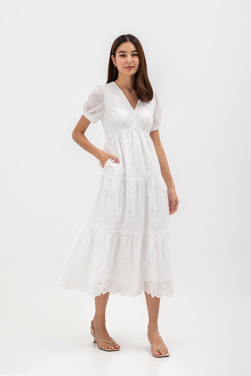 JENSON V NECK TIERED EYELET MAXI DRESS