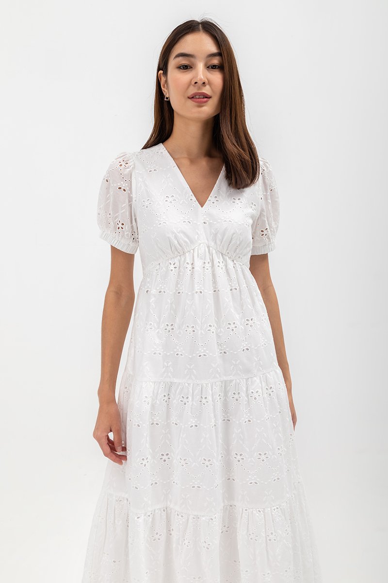 JENSON V NECK TIERED EYELET MAXI DRESS
