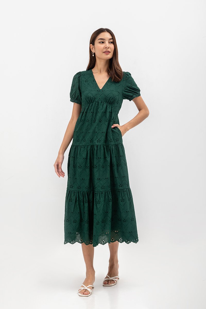 JENSON V NECK TIERED EYELET MAXI DRESS