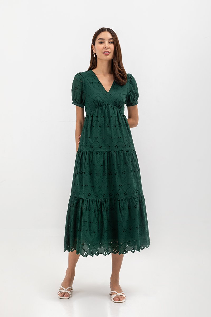 JENSON V NECK TIERED EYELET MAXI DRESS