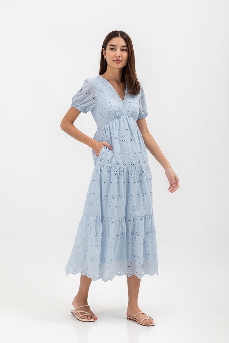 JENSON V NECK TIERED EYELET MAXI DRESS