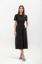 DANICA BACK BUTTONDOWN ELASTIC MIDI DRESS