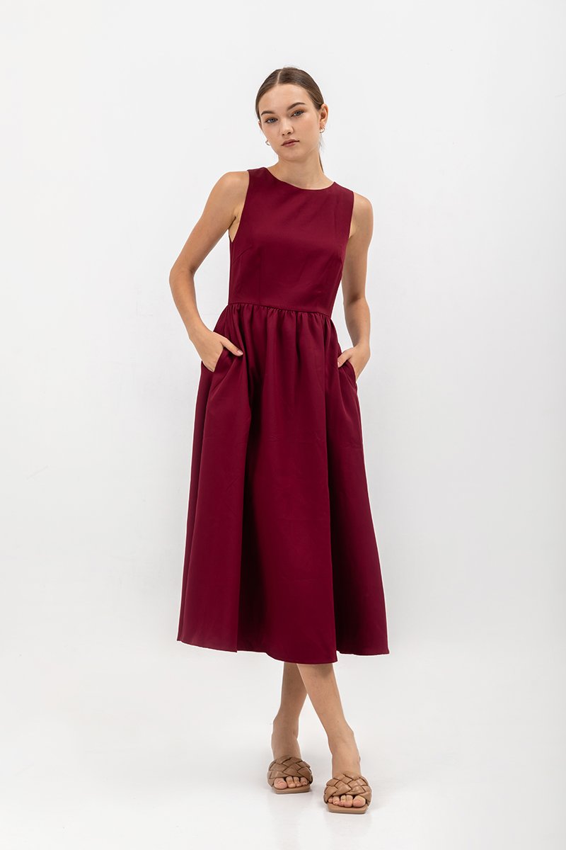 INES GATHERED WAIST MIDI DRESS