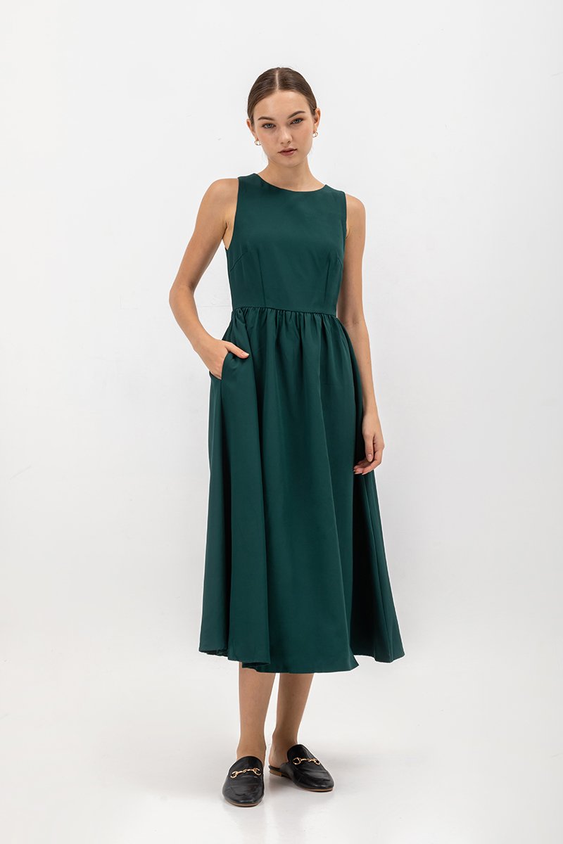 INES GATHERED WAIST MIDI DRESS