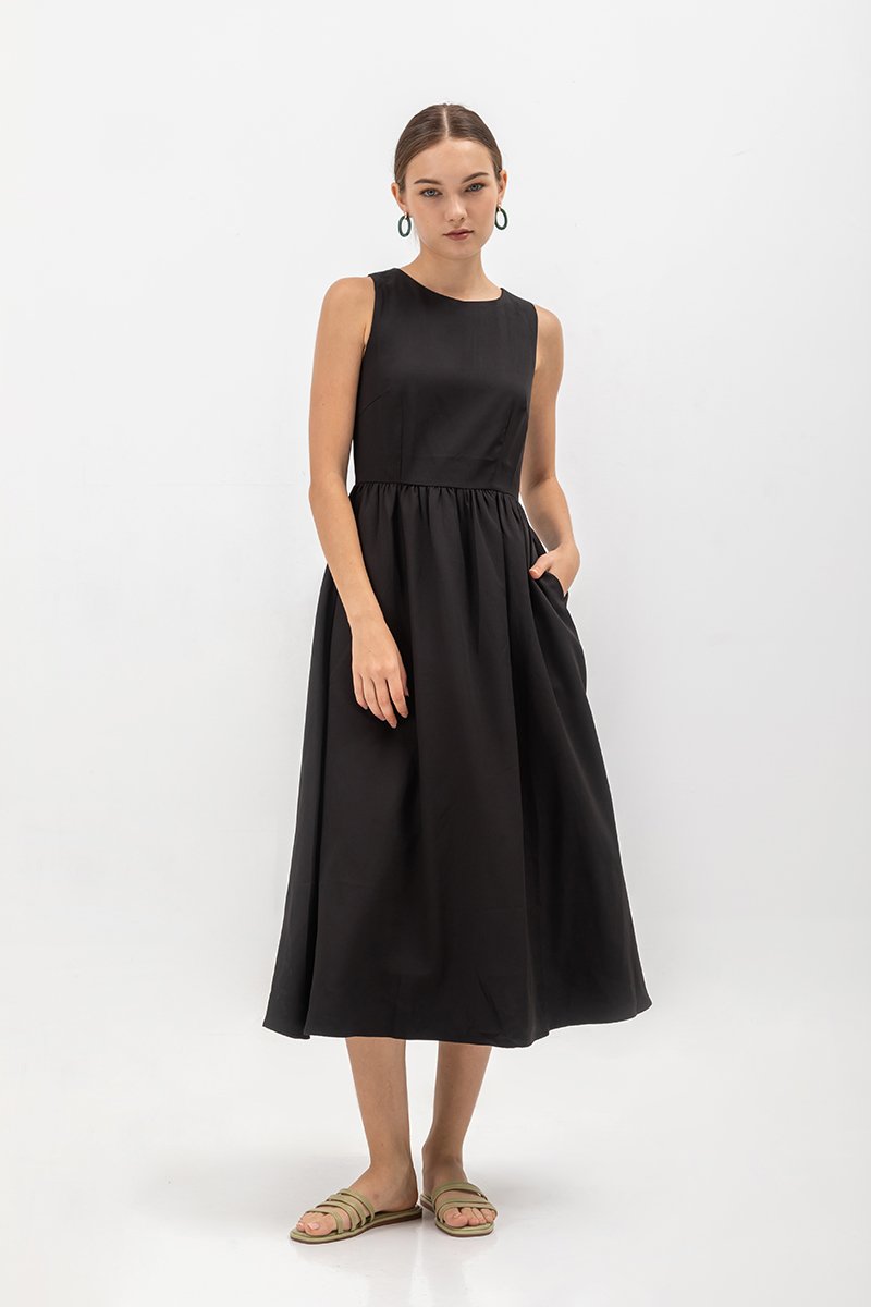 INES GATHERED WAIST MIDI DRESS