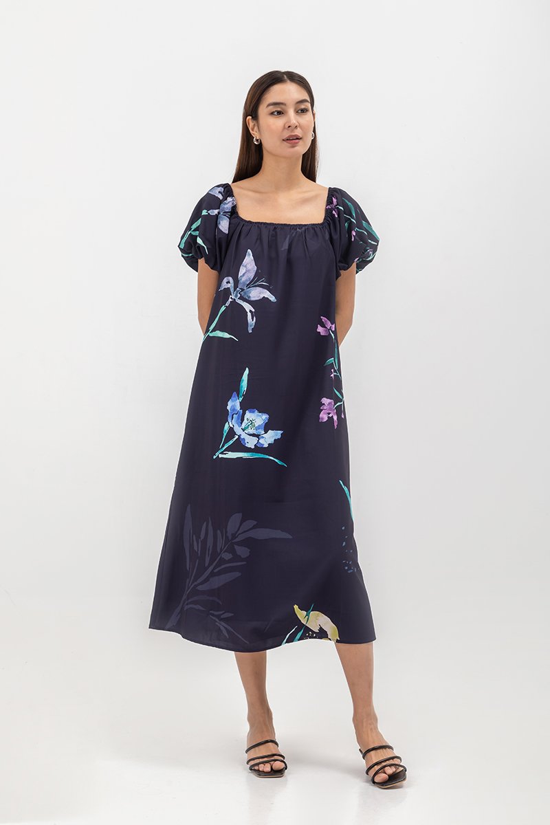 FENELLA FLORAL PRINT PUFF SLEEVE MIDI DRESS
