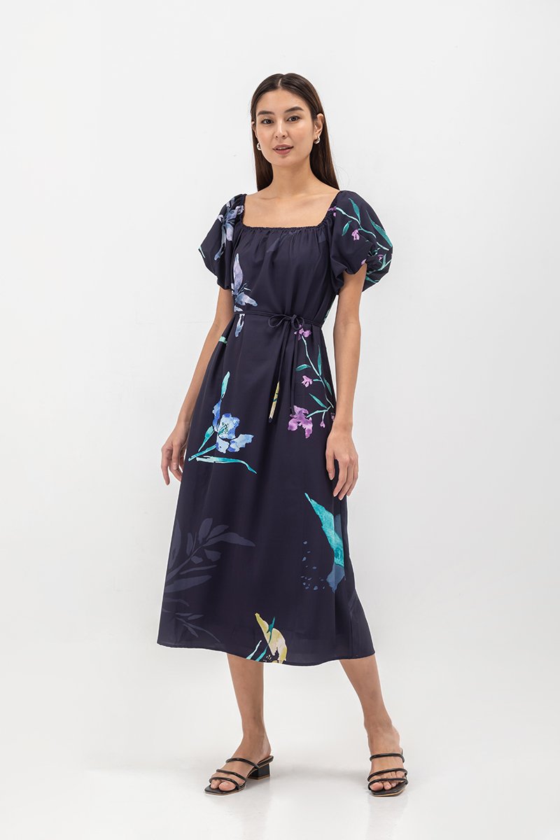 FENELLA FLORAL PRINT PUFF SLEEVE MIDI DRESS