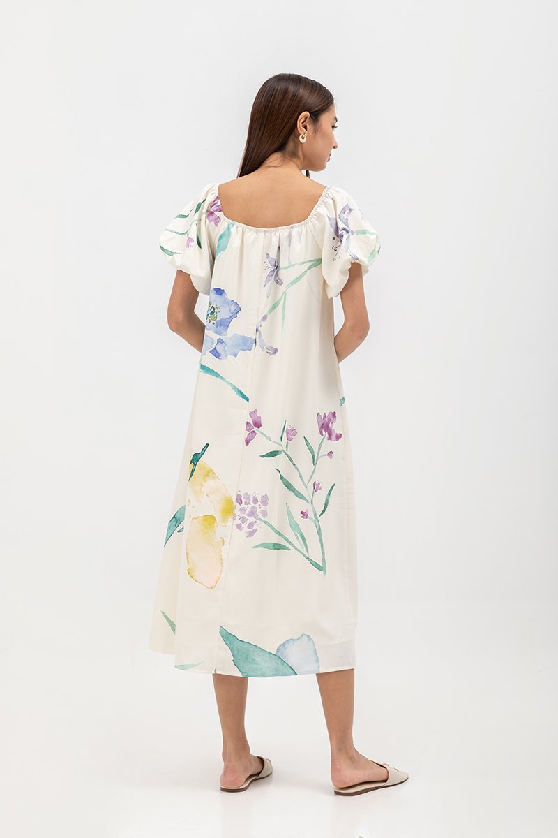FENELLA FLORAL PRINT PUFF SLEEVE MIDI DRESS