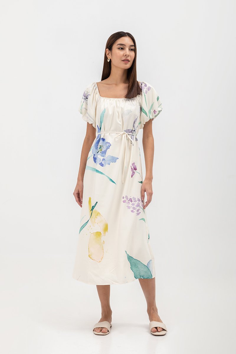 FENELLA FLORAL PRINT PUFF SLEEVE MIDI DRESS