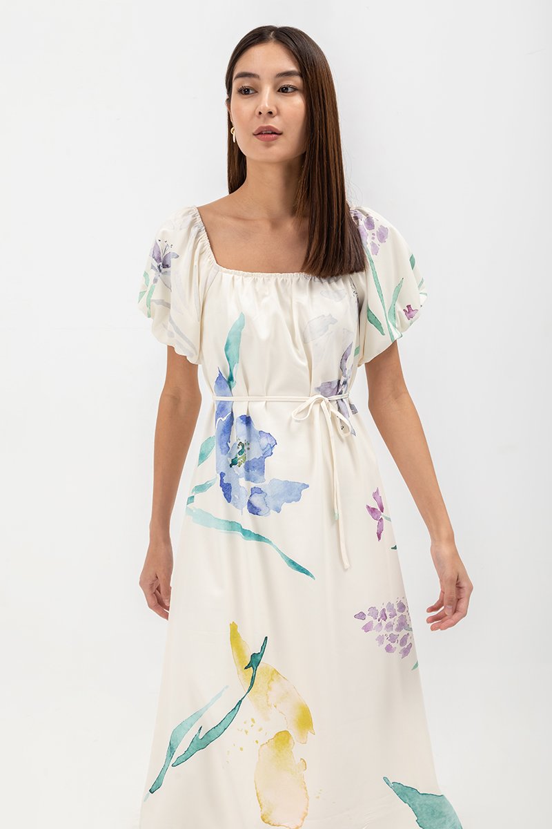 FENELLA FLORAL PRINT PUFF SLEEVE MIDI DRESS