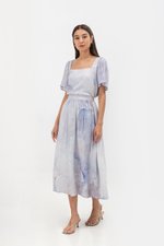 LIESA PRINTED GATHERED FLARE MIDI LINEN SKIRT LIESA PRINTED GATHERED FLARE MIDI LINEN SKIRT