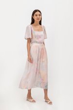 LIESA PRINTED GATHERED FLARE MIDI LINEN SKIRT LIESA PRINTED GATHERED FLARE MIDI LINEN SKIRT