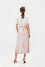 LIESA PRINTED GATHERED FLARE MIDI LINEN SKIRT LIESA PRINTED GATHERED FLARE MIDI LINEN SKIRT