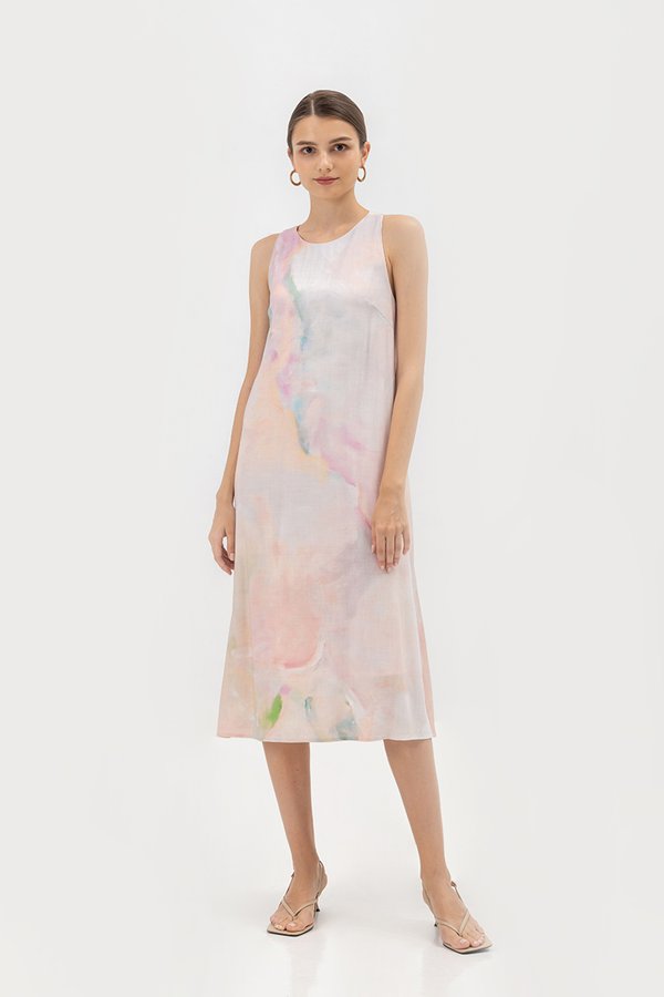 CALLIE PRINTED V BACK TANK MIDI LINEN DRESS CALLIE PRINTED V BACK TANK MIDI LINEN DRESS