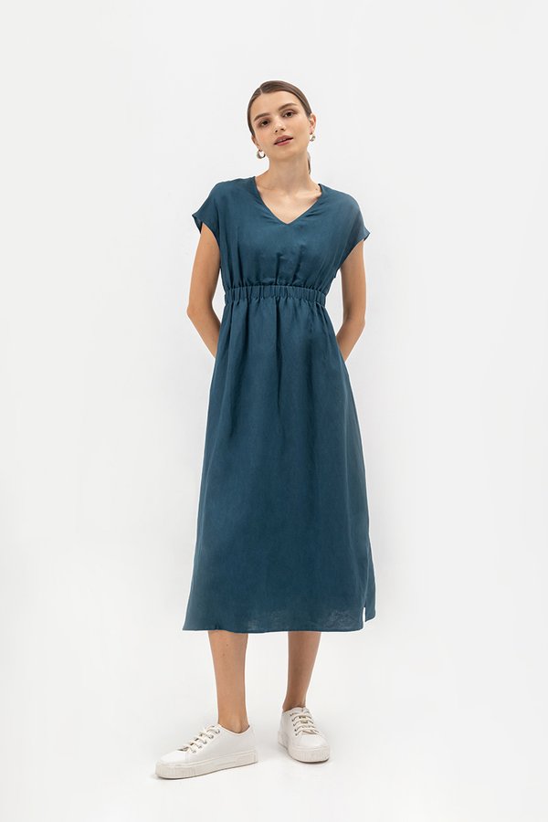 SABAELA CAP SLEEVE ELASTIC WAISTBAND MIDI DRESS